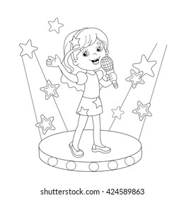 Coloring Page Outline Of cartoon girl singing a song on stage. Coloring book for kids