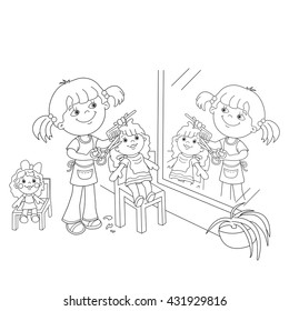 Coloring Page Outline Of cartoon girl with scissors and comb playing in the Barber shop for dolls . Coloring book for kids