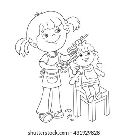 Coloring Page Outline Of cartoon girl with scissors and comb playing in the Barber shop for dolls . Coloring book for kids