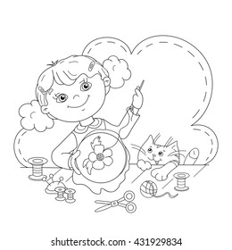 Coloring Page Outline Of cartoon girl with thread, needle and scissors. Embroidery. Needlework. Coloring book for kids