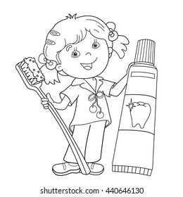 Coloring Page Outline Of cartoon girl with toothbrush and toothpaste. Coloring book for kids