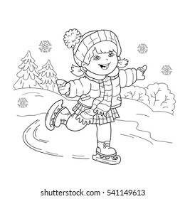 Coloring Page Outline Of cartoon girl skating. Winter sports. Coloring book for kids