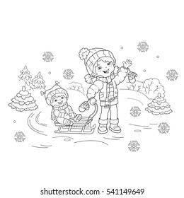 Coloring Page Outline Of cartoon girl with brother sledding. Winter. Coloring book for kids