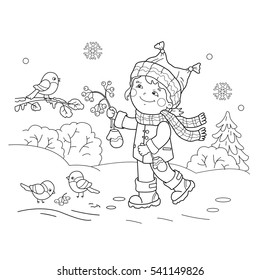 Coloring Page Outline Of cartoon girl feeding birds. Winter. Coloring book for kids