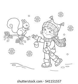 Coloring Page Outline Of cartoon girl feeding a squirrel. Winter. Coloring book for kids