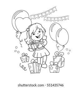 Coloring Page Outline Of cartoon girl with a gift at the holiday. Coloring book for kids