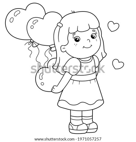Coloring Page Outline of cartoon girl with heart and balloons. Valentine's day. Coloring Book for kids.