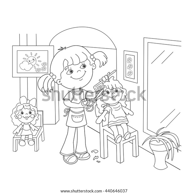 Coloring Page Outline Cartoon Girl Scissors Stock Vector (Royalty Free ...
