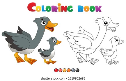 Coloring Page Outline of cartoon goose with gosling. Farm animals. Coloring book for kids.