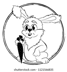 Coloring page outline of cartoon happy hare with carrot. Vector illustration, coloring book for kids. Idea for advertising vegetables and healthy lifestyles
