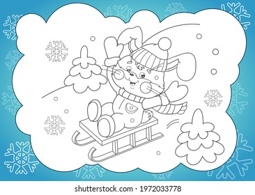 Coloring Page Outline of cartoon happy Bunny sledding. Winter activity. Coloring Book for kids.