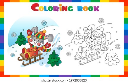 Coloring Page Outline of cartoon happy Bunny sledding. Winter activity. Coloring Book for kids.