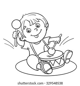 Coloring Page Outline Of a Cartoon happy boy playing the drum 