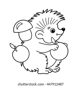 Coloring Page Outline Of cartoon hedgehog with apples and mushrooms. Coloring book for kids