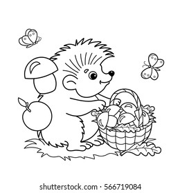 Coloring Page Outline Of cartoon hedgehog with basket of mushrooms in the meadow with butterflies. Coloring book for kids
