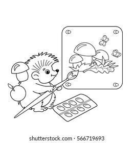 Coloring Page Outline Of cartoon hedgehog with picture of mushrooms with brush and paints. Coloring book for kids