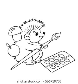 Coloring Page Outline Of cartoon hedgehog with brushes and paints. Coloring book for kids