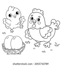 Coloring Page Outline of cartoon hen with little chick.  Chicken nest with eggs. Coloring book for kids.