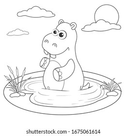 Coloring page outline of cartoon hippo in lake. Page for coloring book of funny elephant for kids. Activity colorless picture of cute animals. Anti-stress page for child. Black and white vector.