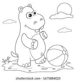 Coloring page outline of cartoon hippo on lawn with ball. Page for coloring book of funny hippo for kids. Activity colorless picture of cute animals. Anti-stress page for child. Vector illustration.