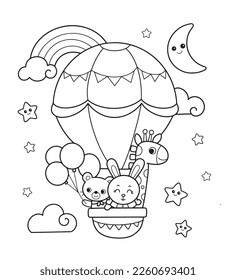 Coloring page outline of cartoon hot air balloon with animal