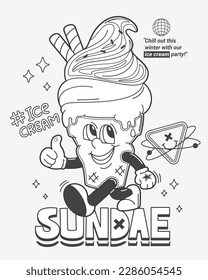 Coloring page outline, Cartoon ice cream waffle cone character mascot giving a thumbs up walking on isolated background illustration vector.