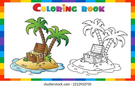 Coloring Page Outline Of Cartoon Island of treasure. Coloring book for kids. Vector image for pirate party for children.