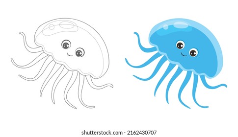 Coloring page outline of cartoon jellyfish. Coloring book for children. Funny vector ocean animals, fish. Simple flat  illustration. 