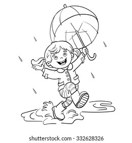 Coloring Page Outline Of a Cartoon joyful girl jumping in the rain with an umbrella    