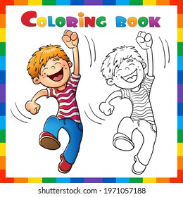 Coloring Page Outline of cartoon jumping boy. Coloring Book for kids.