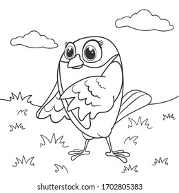 Esbozo de la página de color del pequeño pájaro caricaturista. Página para colorear libro de birdie para niños. Imagen incolora de la actividad sobre animales lindos. Página anti estrés para niños. Ilustración vectorial en blanco y negro.