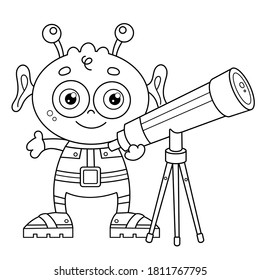 Coloring Page Outline Of a cartoon little alien with telescope. Space and astronomy. Coloring book for kids.