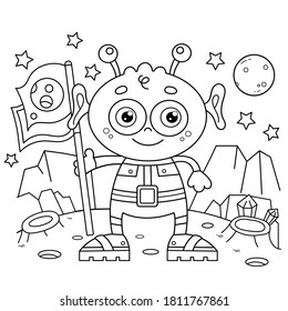 Coloring Page Outline Of a cartoon little alien with flag on planet. Space. Coloring book for kids.  