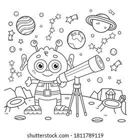 Coloring Page Outline Of a cartoon little alien with telescope. Space and astronomy. Coloring book for kids.  