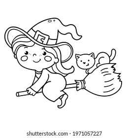 Coloring Page Outline Of cartoon little witch on a broom with a pot and with a cat. Halloween. Coloring Book for kids.