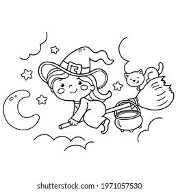 Coloring Page Outline Of cartoon little witch on a broom with a pot and with a cat. Halloween. Coloring Book for kids.