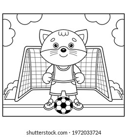 Coloring Page Outline Of cartoon little cat playing soccer. Football game. Coloring Book for kids.