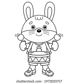 Coloring Page Outline Of cartoon little bunny or hare with toy drum. Coloring Book for kids.