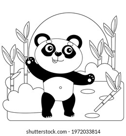 Coloring Page Outline Of cartoon little panda with bamboo or sugar cane. Coloring Book for kids.