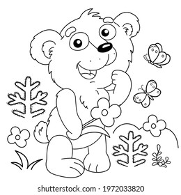 Coloring Page Outline Of cartoon little bear with the flower in forest. Coloring Book for kids.