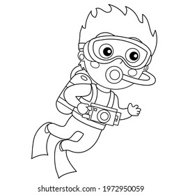 Coloring Page Outline of cartoon little boy scuba diver. Marine photography or shooting. Underwater world. Coloring Book for kids.