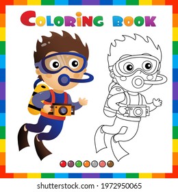 Coloring Page Outline of cartoon little boy scuba diver. Marine photography or shooting. Underwater world. Coloring Book for kids.