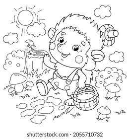 Coloring Page Outline Of cartoon little hedgehog with a basket for mushrooms in the forest. Coloring Book for kids.