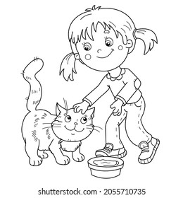 Coloring Page Outline Of cartoon little girl with her cat. Pet. Coloring Book for kids.