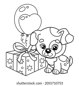 Coloring Page Outline Of cartoon little dog with presents and balloons. Cute puppy as a birthday gift. Pet. Coloring book for kids