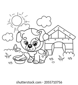 Coloring Page Outline Of cartoon little dog with dog house and bone. Cute puppy in village summer. Coloring book for kids