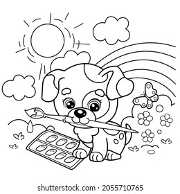 Coloring Page Outline Of cartoon little dog with brush and paints. Cute puppy artist. Summer day with rainbow. Coloring book for kids