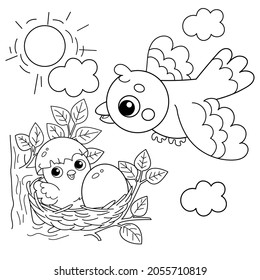 Coloring Page Outline of cartoon little chick in nest with egg. Newborn chicken. Forest bird. Coloring book for kids.