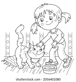 Coloring Page Outline Of cartoon little girl with her cat. Pet. Coloring Book for kids.