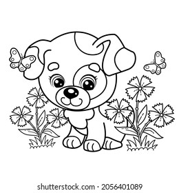 Coloring Page Outline Of cartoon little dog on flower clearing. Cute puppy with butterfly. Pet. Coloring book for kids